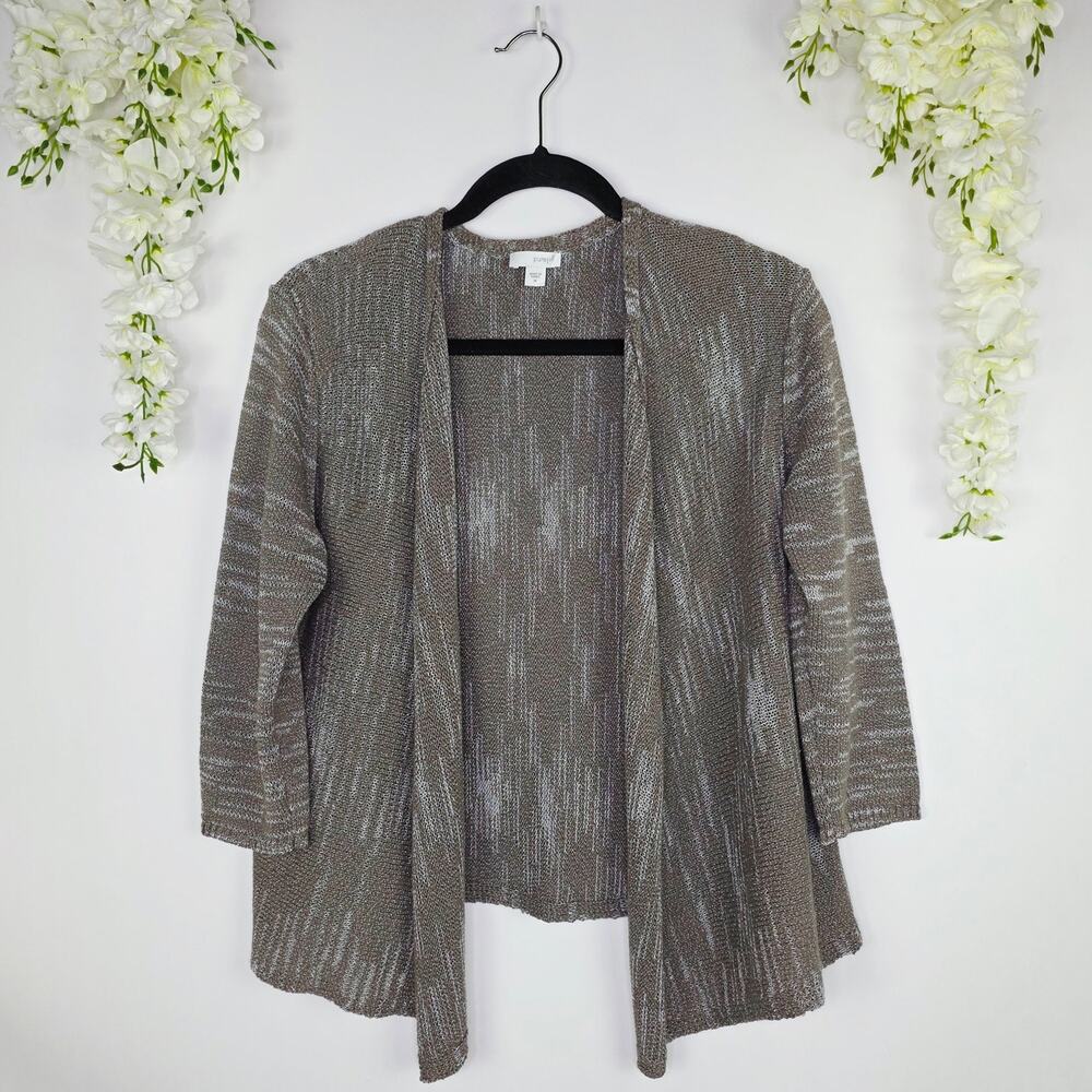 Pure Jill Cardigan Medium Taupe Marled Open Knit Layering Coastal Minimalist